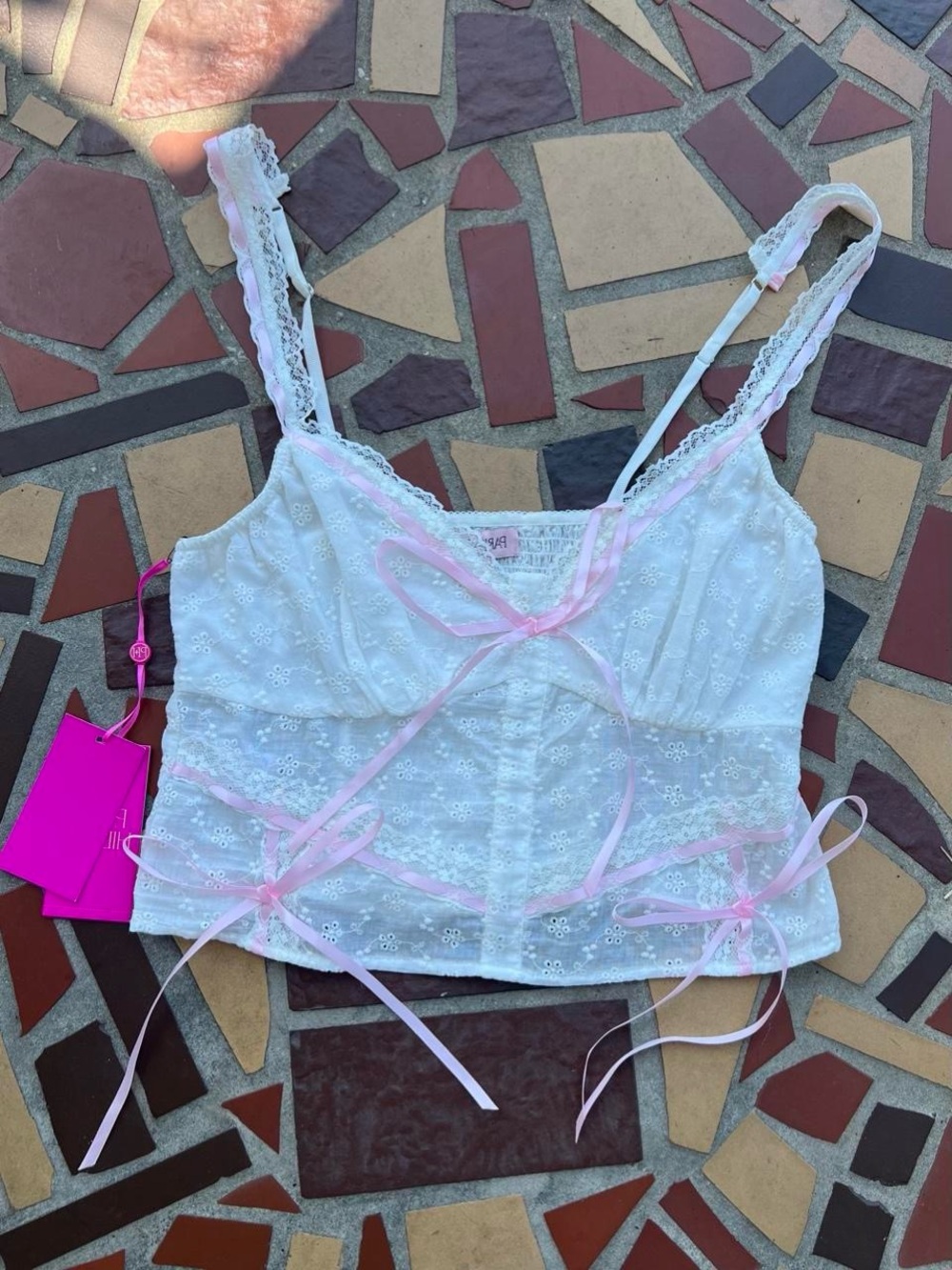 Paris Hilton White Eyelet Lace Crop Top with Pink Ribbon